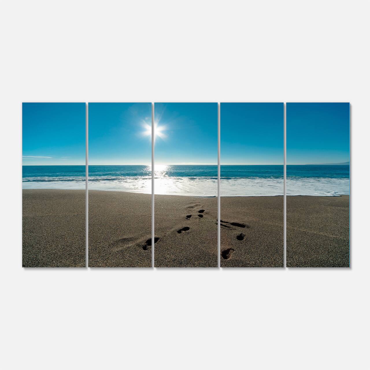 Designart - Blue Sea and Footprints in Sand - Large Seascape Art Canvas Print